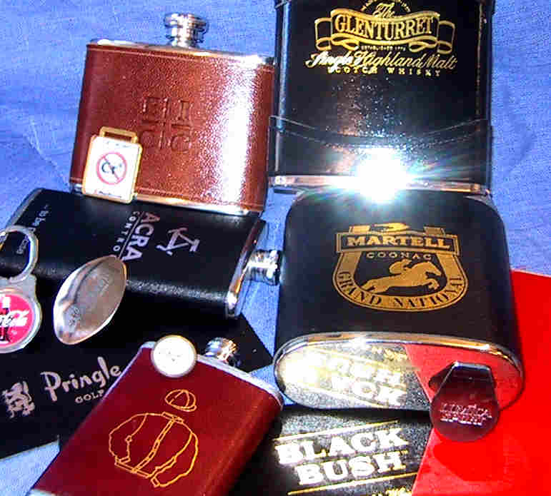 Foil print & embossed leather on Hip flasks and cup sets. Enable use as Sportsman's gift, business gift, souvenirs, memorabilia, etc   .