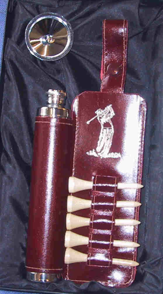 Golf tee flask in burgundy leather. A 3 oz stainless steel flask in leather case . with 5 wooden tees and leather strap to attach to golf bag. Approx size 180 mm x 90 mm. 